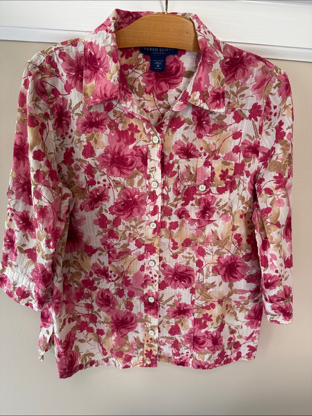Karen Scott Rose Print Button-Front 3/4 Sleeves Shirt in Pink and Tan